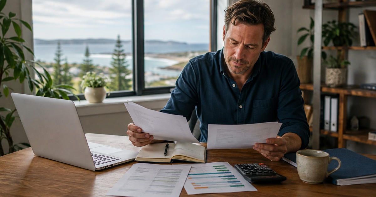 business owner comparing several insurance options without logos in a coastal Albany office, featured editorial scene