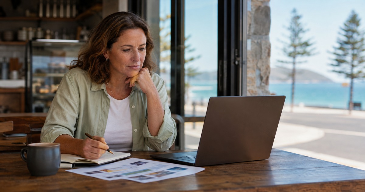 Albany small business owner reviewing business cover options with laptop and notebook, featured editorial scene