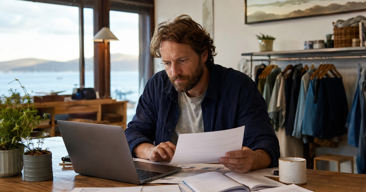small business owner comparing online insurance options in an Albany WA business setting, featured editorial scene
